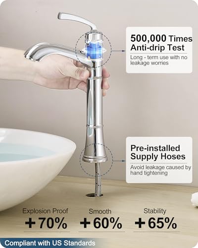 Tall Vessel Sink Faucet, Brass Bathroom Vessel Faucet, One Hole, Single Handle with Pop-Up Drain & Supply Water Hoses, No Leaks, Chrome - color: Chrome