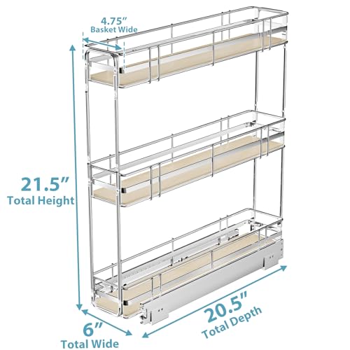 Pull Out Spice Rack Cabinet Organizer 6" W x 20½" D, 3 Tier Heavy Duty Slide Out Wood Shelf for Narrow Cabinet, Pull Out Storage for Kitchen - size: 6" W x 20½" D