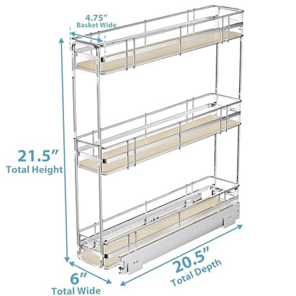 Pull Out Spice Rack Cabinet Organizer 6" W x 20½" D, 3 Tier Heavy Duty Slide Out Wood Shelf for Narrow Cabinet, Pull Out Storage for Kitchen - size: 6" W x 20½" D