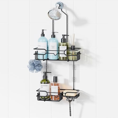 HapiRm Hanging Shower Caddy Organizer - Bathroom Organizer with 12 Hooks and Soap Holder, Rustproof Shower Shelf over Shower Head - Black - color: Black