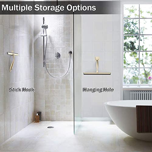 OPERNEE Shower Squeegee with Self Adhesive Hook, 10 Inches Stainless Steel Squeegee Cleaner, All-Purpose Window Scraper for Bathroom Doors, Mirror, Windows and Car Glass, Brushed Gold