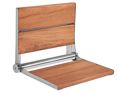 Teak Shower Seat - Contour Wood / Folding Wall Mount Bench for Inside Shower / ADA Safety Assist / 304 Stainless Steel / Polished Chrome / 18" x 16" - color: Polished Chrome, Teak, size: 18" x 16"