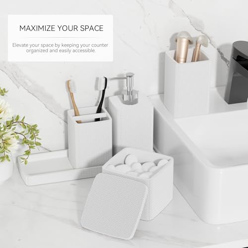 White Bathroom Accessories Set 5 Pieces, Resin Toothbrush Holders Set Complete with Soap Dispenser, Toothbrush Holder, Vanity Tray, Bathroom Tumbler and Qtip Holder for Small Spaces - size: 5 Pcs Bathroom Set, style: White