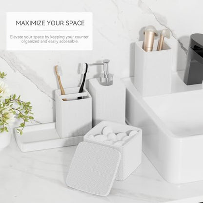 White Bathroom Accessories Set 5 Pieces, Resin Toothbrush Holders Set Complete with Soap Dispenser, Toothbrush Holder, Vanity Tray, Bathroom Tumbler and Qtip Holder for Small Spaces - size: 5 Pcs Bathroom Set, style: White