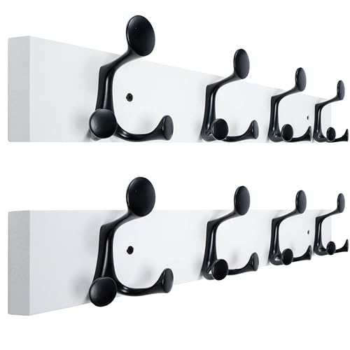 WEBI Coat Rack Wall Mount,24" Solid Wood Coat Hooks Wall Mounted Coat Hanger,16" Hole to Hole,Heavy Duty Hook Rack Rail,4 Triple Hooks for Hanging Coats,Jacket,Clothes,Hat,Backpack,White,2 Packs - color: White, size: 24 Inch(2 Pcs)