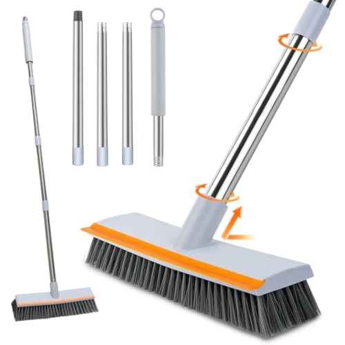 Floor Scrub Brush with 45" Long Handle, 2-in-1 Heavy-Duty Scrub Brush Broom | Stiff Bristle Scrubbing Brushes with Scrape Squeegee for Cleaning Bathroom, Kitchen, Patio, Pool, Garage, Tile, Wall, Deck