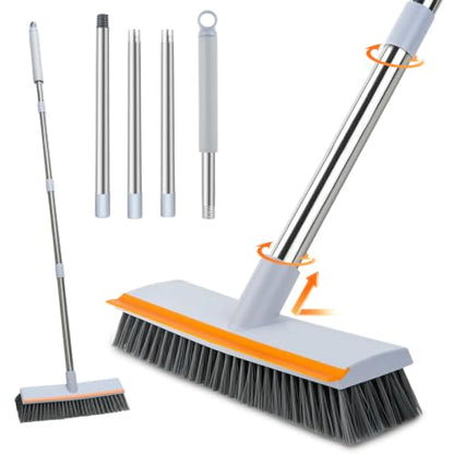 Floor Scrub Brush with 45" Long Handle, 2-in-1 Heavy-Duty Scrub Brush Broom | Stiff Bristle Scrubbing Brushes with Scrape Squeegee for Cleaning Bathroom, Kitchen, Patio, Pool, Garage, Tile, Wall, Deck