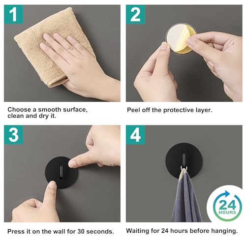 BARONAGE Adhesive Hooks 4 Pack, Black | Stainless Steel Sticky Shower Hooks, Waterproof, Rustproof, Heavy Duty Towel Hook, Easy Install, Traceless Hook For Bathroom
