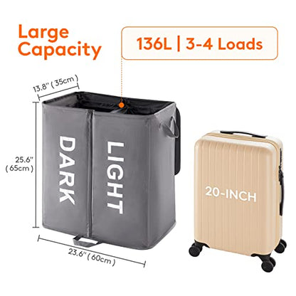 Lifewit 136L Double Laundry Hamper with Lid and Removable Laundry Bags, Large Divided Hamper, Collapsible 2 Section Laundry Basket with Handles for Bedroom, Bathroom, College Dorm, Laundry Room, Grey - color: Grey