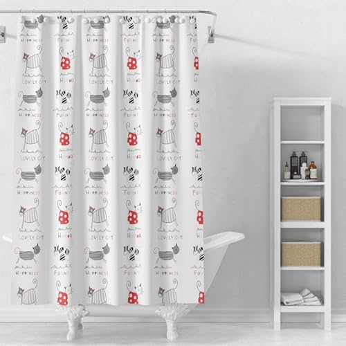 TIKABC Shower Curtain Liner, 4G PEVA Black and Red Kitten Shower Liner, Plastic Waterproof Shower Curtains, 72x72 inch with Grommet Holes 3 Magnetic Weights - color: Black Red Kitten