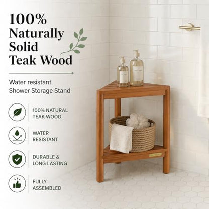 Fully Assembled Teak Corner Bath Shower Storage Stand, Bathroom Bench with Storage Shelf 18"