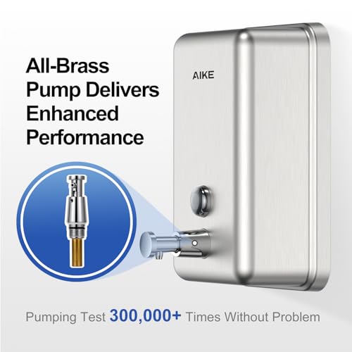 AIKE Nail-Free Glue Wall Mount Liquid Soap Dispenser, 37oz for Bathroom | No-Drill and Screw Wall Mount Design for Space-Saving,Large Capacity with Safety Key for Commercial Bathroom,Stainless Steel