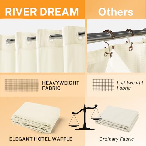 River Dream No Hooks Shower Curtain with 2 Snap in Liner, Cream, 71Wx74H | Waffle Weave, 1 Attached Snap in Liner and 1 Extra Replacement Liner, Bathroom Curtains Shower Set, Hotel Grade, Spa Like - color: Cream