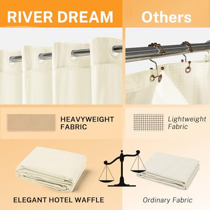 River Dream No Hooks Shower Curtain with 2 Snap in Liner, Cream, 71Wx74H | Waffle Weave, 1 Attached Snap in Liner and 1 Extra Replacement Liner, Bathroom Curtains Shower Set, Hotel Grade, Spa Like - color: Cream