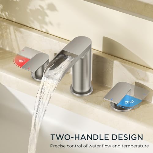 FORIOUS Bathroom Faucet 3 Hole Widespread Sink 8 Inch Brushed Nickel | 3-hole 6-12 Inch Widespread Sink, Waterfall Faucets, with Drain and Hoses,for Vanity Rv Commercial Lavatory Restroom Basin - color: Stainless Steel