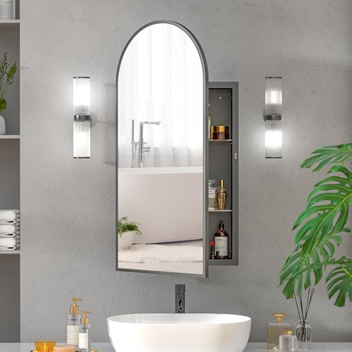Black Arched Medicine Cabinet,Recessed Medicine Cabinet for Bathroom | Arched Mirror Cabinet with Storage,Black Metal Framed Medicine Cabinet,Wall Mounted,Full Assembled,16x31 Inch - color: Matte Black