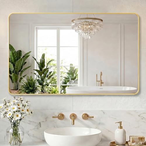 NEWBULIG Bathroom Mirror 30x48 Inch, Vanity Wall Mirror for Bathroom Sink | Rectangle Rounded Corners Metal Frame, Over Sink Entryway Bedroom, Horizontal or Vertical Hang, Gold - color: Gold, size: 30"L x 48"W