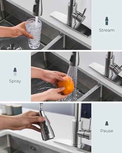 FORIOUS Kitchen Faucet with Soap Dispenser, Stainless Steel, Brushed Nickel | Pull Down Sprayer, High Arc Single Handle, Classic 3 Modes Bar Sink Faucet with Deck Plate, Suitable for Rv Laundry Camper - color: Stainless Steel, style: Classic