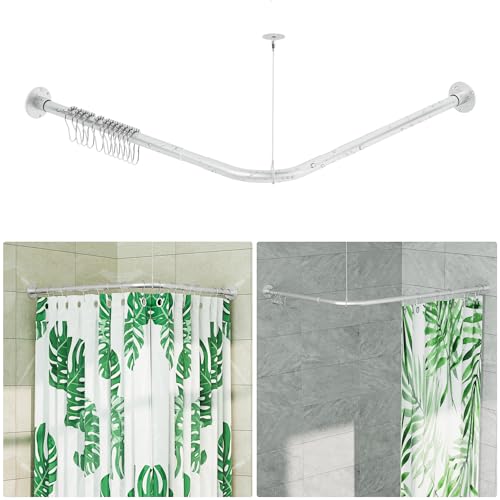 L Shaped Shower Curtain Rod, Adjustable 23.81"-53.15"x23.81"-53.15" Silver | Corner Shower Curtain Rod, 90 Degree, 12 Curtain Rings, for Bathroom Bathtub Clothing Store & Ceiling Support, Need to Drill