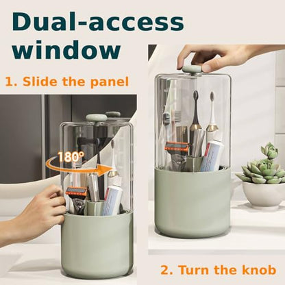 YOOLENS Toothbrush Holder with Cover 360 Rotating 4 Compartments Bathroom Toothpaste Electric Toothbrush Organizer, Light Green - color: Light Green