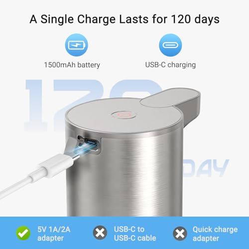Automatic Foaming Soap Dispenser, Matte Stainless Steel Touchless Soap Dispenser with Self-Clean Mode, 1500mAh Rechargeable USB-C, IPX5 Waterproof Anti-Clogging Foam Pump for Kitchen & Bathroom - color: Silver
