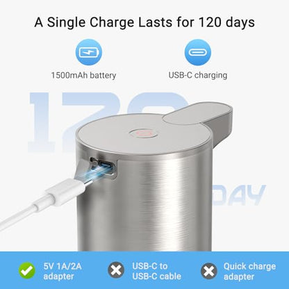 Automatic Foaming Soap Dispenser, Matte Stainless Steel Touchless Soap Dispenser with Self-Clean Mode, 1500mAh Rechargeable USB-C, IPX5 Waterproof Anti-Clogging Foam Pump for Kitchen & Bathroom - color: Silver