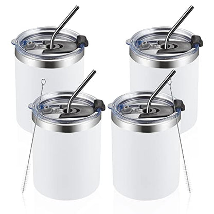 MEWAY 12 oz Lowball, Tumbler Stainless Steel Double Wall Vacuum Insulated Mug with Straw and Lid, Cleaning Brush ，Durable Powder Coated Insulated Coffee Cup for Cold & Hot Drinks (White,4 pack) - color: White