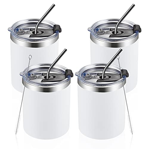 MEWAY 12 oz Lowball, Tumbler Stainless Steel Double Wall Vacuum Insulated Mug with Straw and Lid, Cleaning Brush ，Durable Powder Coated Insulated Coffee Cup for Cold & Hot Drinks (White,4 pack) - color: White