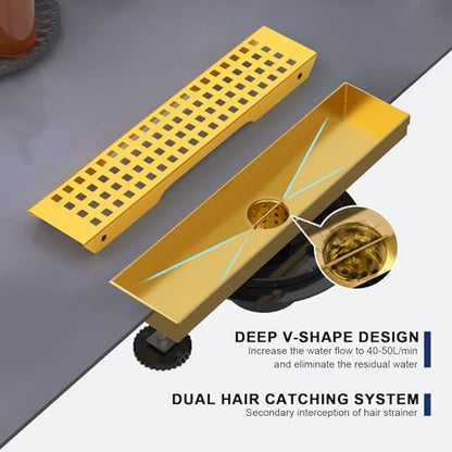 18 Inch Linear Shower Drain - Brushed Gold, with Removable Grate | AISI 304 Stainless Steel Shower Drain, Long Rectangle Shower Floor Drain with Adjustable Feet, Fits Bathroom & Balcony etc - color: Brushed Gold, size: 18 in