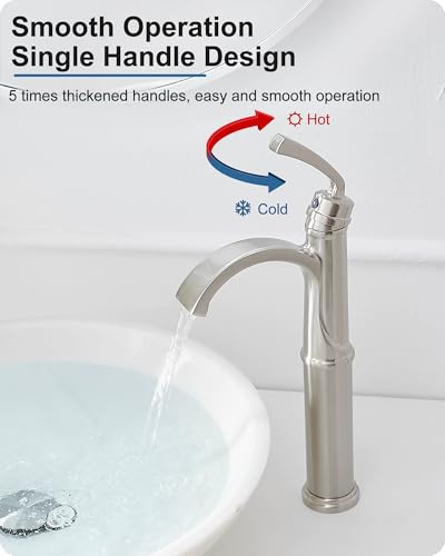 Bathroom Vessel Sink Faucet Brushed Nickel, Brass Tall Waterfall Bathroom Faucet 1 Hole Bathroom Sink Faucet Single Handle Bathroom Faucets with Water Lines Pop-Up Drain - color: Brushed Nickel