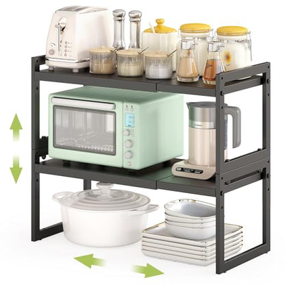DOLALIKE Expandable Kitchen Countertop Organizer, Stackable Cabinet Shelf Organizers, Space Saving Spice Rack Pantry Storage for Bathroom Office Organization (Black, 2 Pack) | Space Saving Metal Pantry Storage Racks for Kitchen Spice Rack Pans and Untensi