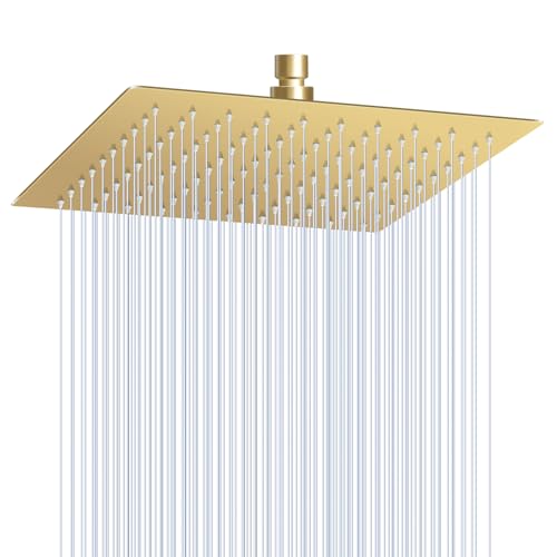 10 Inch Gold Rain Shower Head - All Metal Stainless Steel 304, Ultra Thin Design, Modern Bathroom Square Rainfall Showerheads - Full Body Coverage Bath Shower - color: Brushed Gold, size: 10 Inch Square
