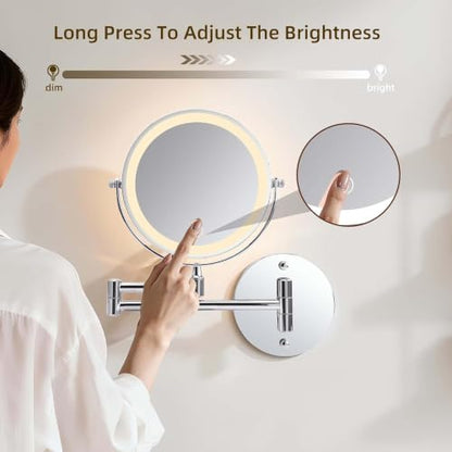 Wall Mounted Makeup Mirror with Lights, 8" Rechargeable 1X/10X Magnifying Mirror, 360° Swivel Extendable Arm, 3 Color LED (1, Chrome) - color: Chrome
