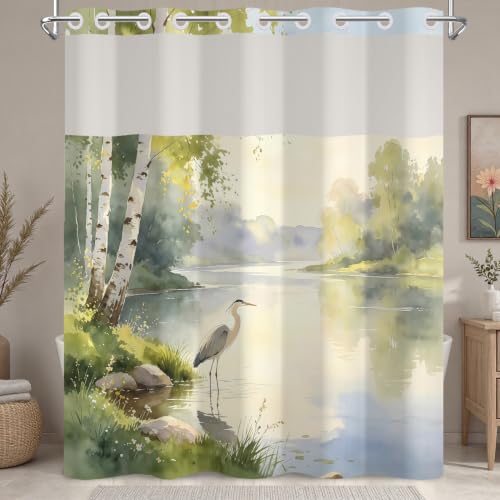 Nature Landscape Shower Curtain with Snap in Liner, 71x74 Inch | No Hooks Needed & Mesh Top, Double Layer Waterproof, Heron Bird & Birch Tree Lake Greenery Scenery Design for Rustic Bathroom - color: Crane & Landscape