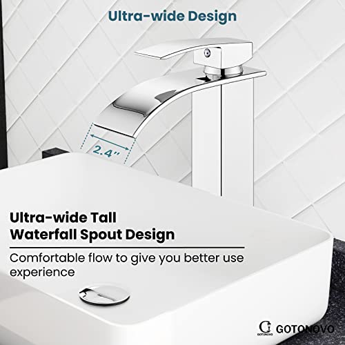 gotonovo Waterfall Tall Bathroom Faucet 1 Hole No Drain, Polish Chrome | Modern Vessel Sink Faucet Single Handle 304 Stainless Steel,24” cUPC Supply Hoses,for Bowl Basin Lavatory Vanity Restroom RV - color: Chrome