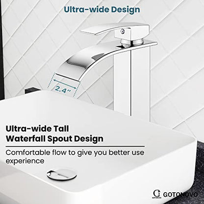 gotonovo Waterfall Tall Bathroom Faucet 1 Hole No Drain, Polish Chrome | Modern Vessel Sink Faucet Single Handle 304 Stainless Steel,24” cUPC Supply Hoses,for Bowl Basin Lavatory Vanity Restroom RV - color: Chrome