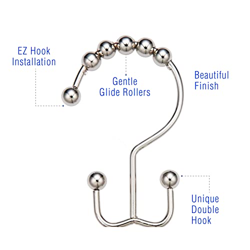 2LB Depot Double Shower Curtain Hooks Rings Polished Nickel Decor Finish Premium Rust-Resistant Stainless Steel Metal Hooks Roller Balls Glide on Shower Rods 12-Piece Set - color: Polished Nickel