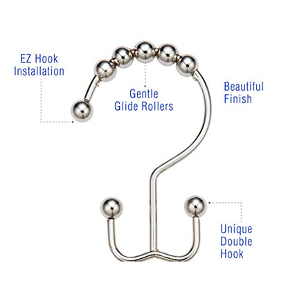 2LB Depot Double Shower Curtain Hooks Rings Polished Nickel Decor Finish Premium Rust-Resistant Stainless Steel Metal Hooks Roller Balls Glide on Shower Rods 12-Piece Set - color: Polished Nickel