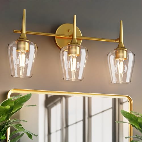 22 Inch 3-Light Gold Bathroom Vanity Light Fixtures | Wine Glass Clear Glass Wall Sconce, Modern Wall Mount Light for Bathroom, Hallway, Bedroom - color: 22 inch_Gold_3 lights