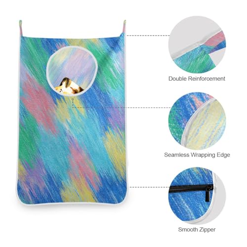 1PC Hanging Laundry Hamper Bag Over the Door Laundry Hamper Wall Hamper Large Dirty Clothes Hamper with Stainless Steel Hooks 29.5x20Inch Blue Stripe Pink Yellow Impression - color: Blue Stripe Pink Yellow Impression, size: 1 PC