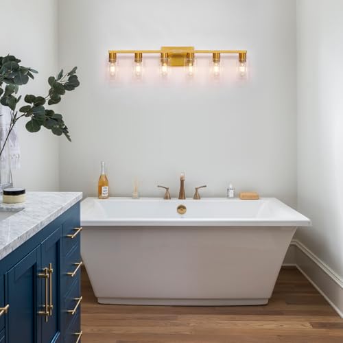 Gold 6 Light Bathroom Vanity Light Brush Gold Bathroom Light Fixtures Brass Vanity Lights for Bathrrom Large Wall Sconce with Clear Glass Shade E26 Socket - color: Gold, size: 6 Light