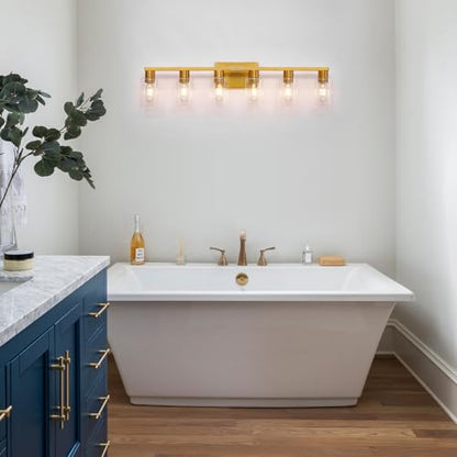 Gold 6 Light Bathroom Vanity Light Brush Gold Bathroom Light Fixtures Brass Vanity Lights for Bathrrom Large Wall Sconce with Clear Glass Shade E26 Socket - color: Gold, size: 6 Light
