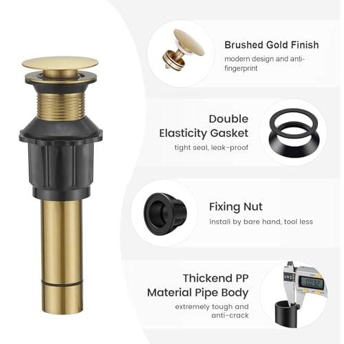 Bathroom Sink Drain Without Overflow, Brushed Gold Bathroom Sink Stopper for Vanity Vessel Sink, Rapid Draining Stainless Steel Pop Up Drain with Hair Catcher Anti-Clog Strainer - color: Brushed Gold