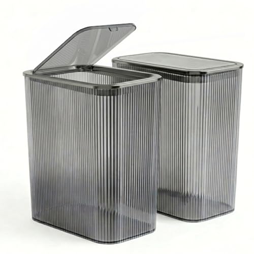 2 Pack Bathroom Trash Can with Lid, 2.6 Gallon Transparent Small Trash Can for Bedroom, Office, Slim Garbage Can with Lid for Narrow Spaces, Modern Decorative Waste Basket, Grey - color: Grey