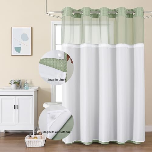 Colorful Star No Hook Shower Curtain with Snap in Fabric Liner, Waffle Weave Heavy Duty Thick Shower Curtains with Mesh Top Window, Hotel Style Waterproof Bathroom Curtain Set, 72'' x 87'', Sage Green - color: Sage Green, size: 72"W x 87"L (Pack of 1)