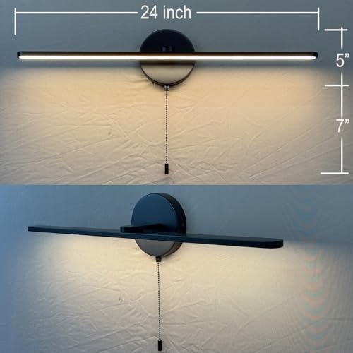 24 inch Vanity Light Sith Switch for Bathroom, Modern LED Wall Picture Light Sconces, Wall lamp Over Mirror with Pull Chain On Off SwitchLED 3000-3500K LED 12W (Black) - color: Black