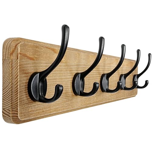 Coat Rack Wall: Patented, Heavy-Duty, 17.4" Long 5-Double-Hooks Wooden Wall Mounted Coat Rack Coat Hanger Hook Rail for Winter Coats Hat Jacket Clothing, Weathered Brown - color: Weathered Brown & Black, size: L=17.4" (1pcs)