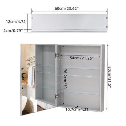 24"x 32"Bathroom Medicine Cabinet,Double-Sided Mirror Door | Silver Aluminium Frame,Lightweight,Sturdy and Attractive,Simple Wall-Mounted,Adjustable Shelves,Tempered Glass - size: 24"x 32"