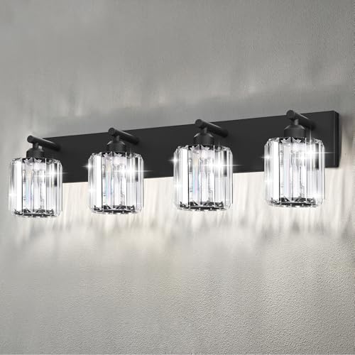 Black Crystal Bathroom Vanity Light, 4-Light Modern Bathroom Lighting Fixtures Over Mirror, Matte Black Wall Sconce Light Fixtures with Round Shade - color: Black-Round Shade, size: 4-LIGHT