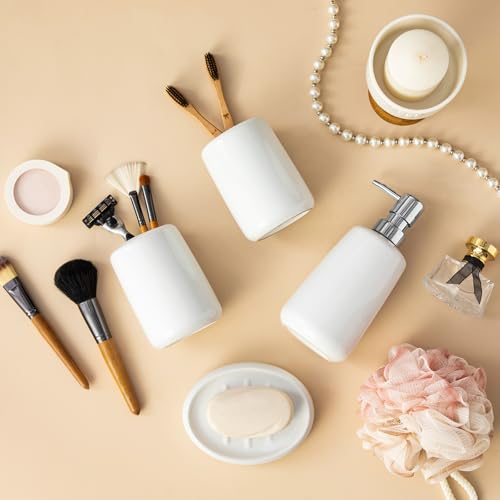 vancasso White Bathroom Accessories Set, Ceramic Soap Dispenser and Toothbrush Holder Sets, Stoneware 4 Pcs Bathroom Sink Set for Modern Home Decor - style: White